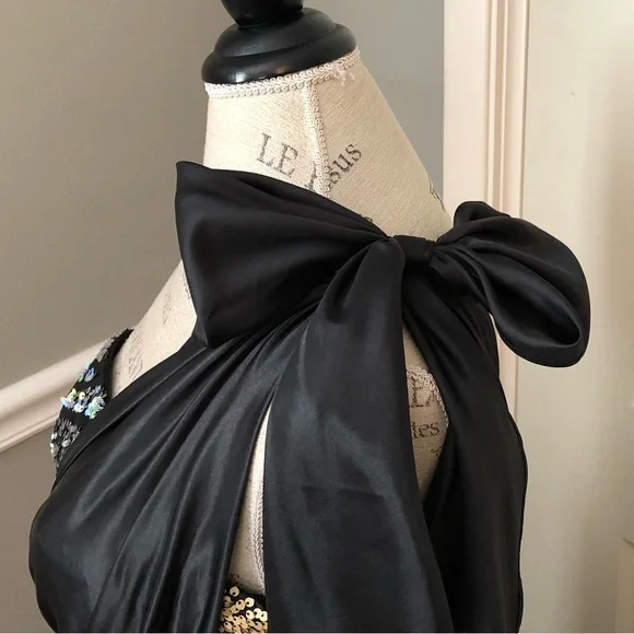NEW COLORS SZ 4 BLACK SATIN SILVER GOLD SEQUIN ONE SHOULDER DRESS WITH TRAIN - Picture 8 of 15